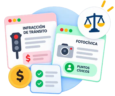 Ilustración de distintos tipos de infracciones: multas de tránsito y Fotocívicas